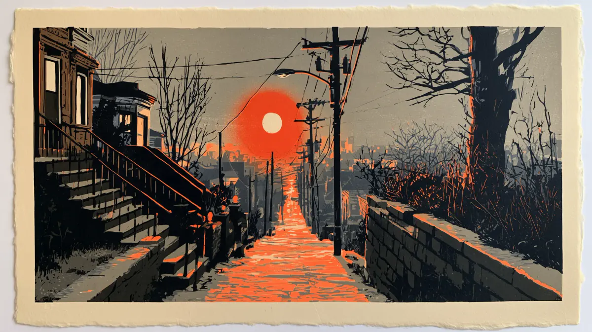 Linocut print of a city street with stoops and power lines leading toward a red setting sun.